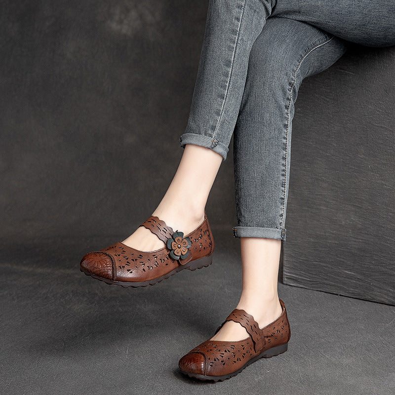 Mocassins Plats Décontractés En Cuir Creux Vintage Pour Femmes