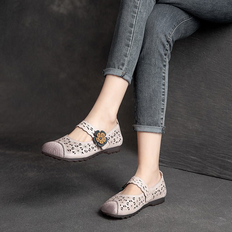 Mocassins Plats Décontractés En Cuir Creux Vintage Pour Femmes