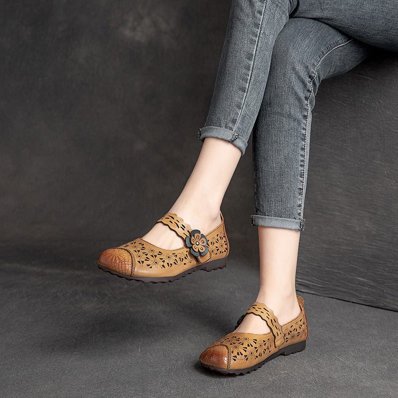 Mocassins Plats Décontractés En Cuir Creux Vintage Pour Femmes