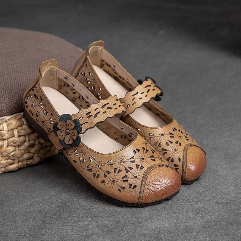 Mocassins Plats Décontractés En Cuir Creux Vintage Pour Femmes