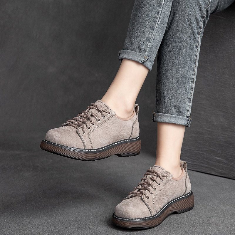 Printemps Automne Rétro En Cuir Souple Tête Ronde Chaussures Décontractées