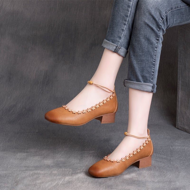 Printemps Femmes Rétro Cuir Tête Ronde Chaussures Décontractées Florales