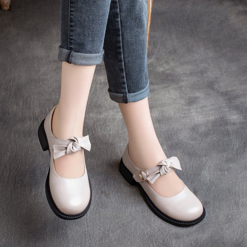 Spring Leather Round Head Velcro Bowknot Casual Mocassins