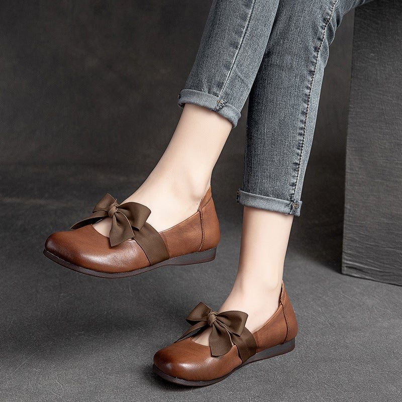 Spring Retro Casual Bowknot Mocassins En Cuir Élégants