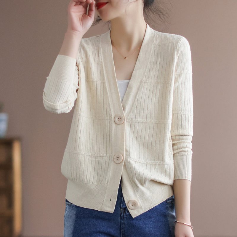 Cardigan À Col En V Rétro Tricoté En Coton Pour Femmes