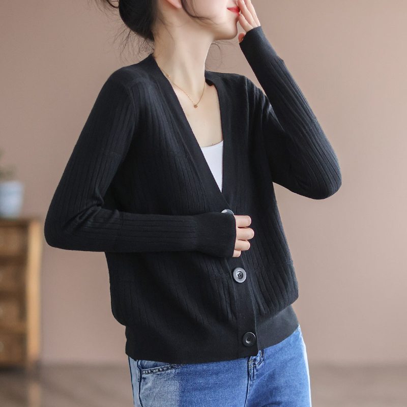 Cardigan À Col En V Rétro Tricoté En Coton Pour Femmes