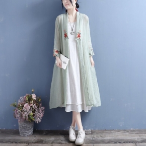 Cardigan Long Ouvert À Fleurs En Coton Et Lin D'été