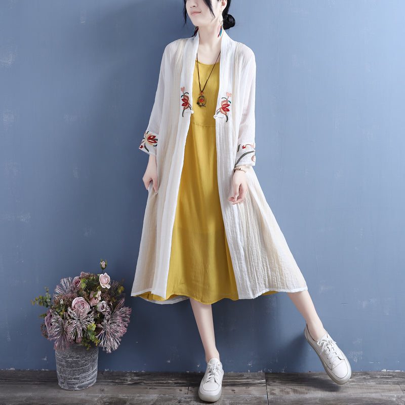 Cardigan Long Ouvert À Fleurs En Coton Et Lin D'été