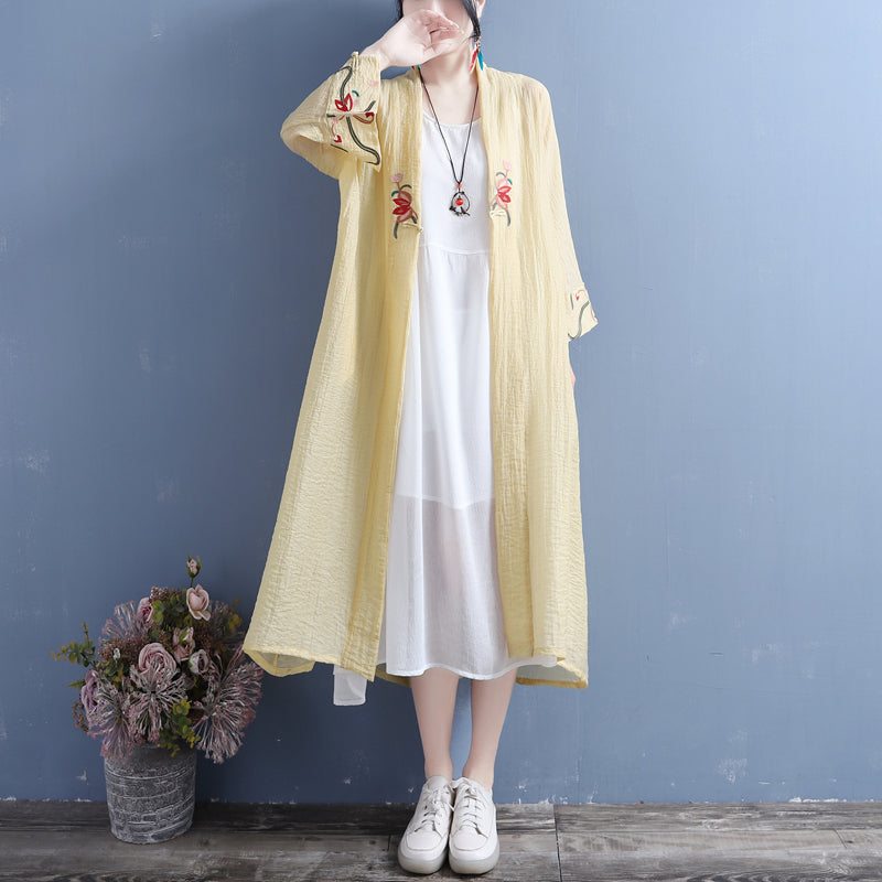 Cardigan Long Ouvert À Fleurs En Coton Et Lin D'été