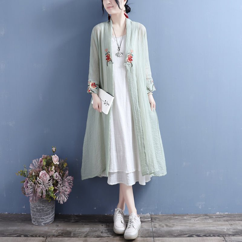 Cardigan Long Ouvert À Fleurs En Coton Et Lin D'été