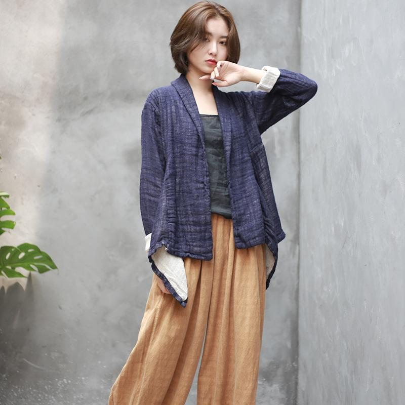 Cardigan Rétro Irrégulier En Coton Et Lin Pour Femme