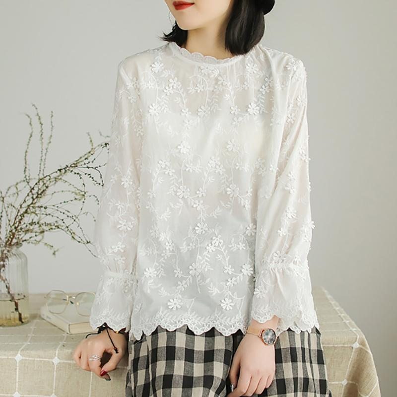 Blouse Blanche À Col En Dentelle Brodée Pour Femmes