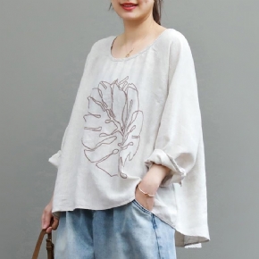 Blouse En Coton Et Lin À Manches Longues Brodées De Feuilles