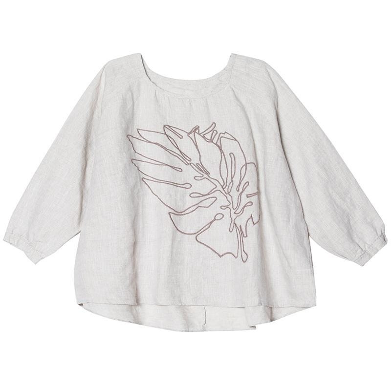 Blouse En Coton Et Lin À Manches Longues Brodées De Feuilles