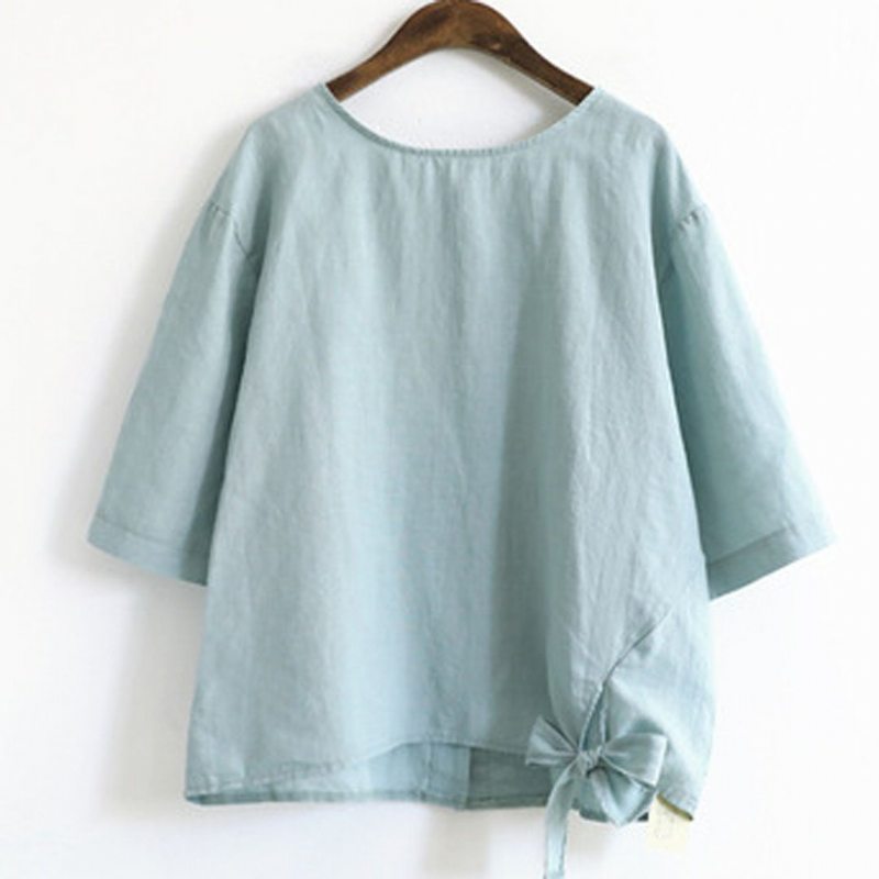 Blouse Décontractée En Coton Uni Avec Nœud Sur Le Devant