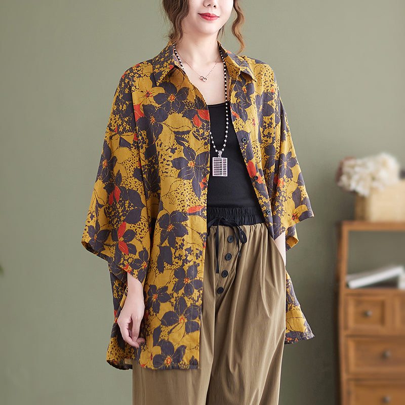 Blouse Longue Jaune En Coton Et Lin À Fleurs Rétro Pour Femme