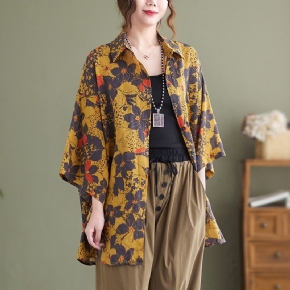 Blouse Longue Jaune En Coton Et Lin À Fleurs Rétro Pour Femme