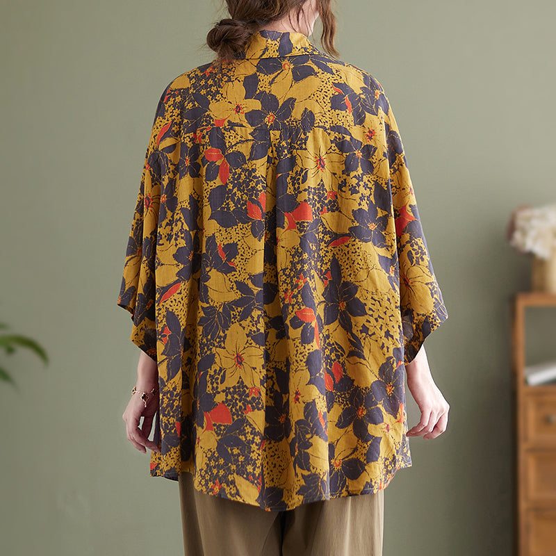 Blouse Longue Jaune En Coton Et Lin À Fleurs Rétro Pour Femme