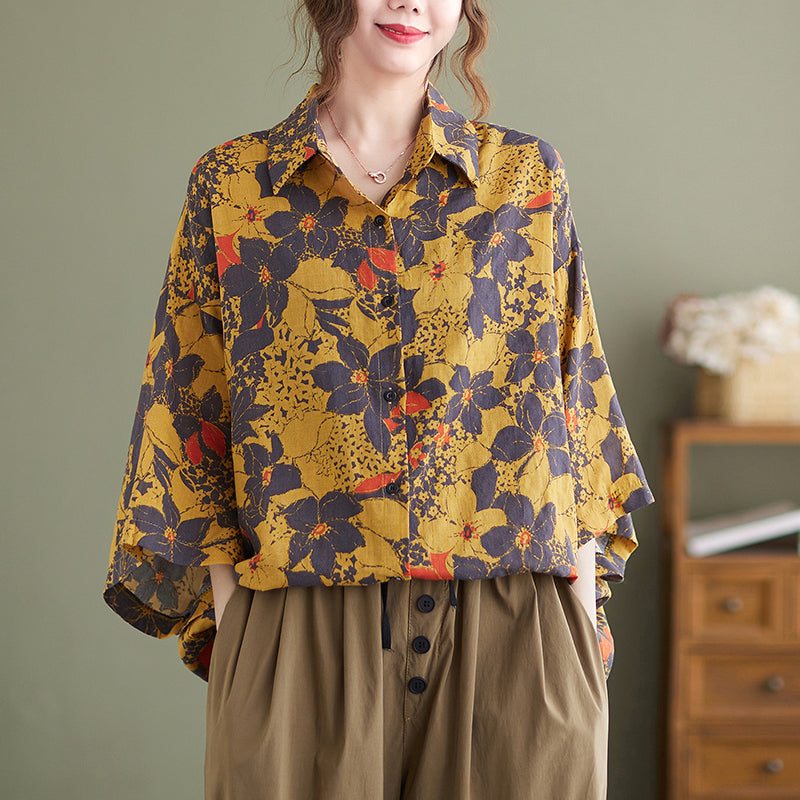 Blouse Longue Jaune En Coton Et Lin À Fleurs Rétro Pour Femme