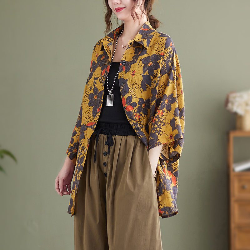 Blouse Longue Jaune En Coton Et Lin À Fleurs Rétro Pour Femme