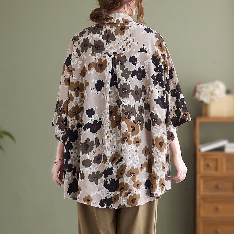 Blouse Longue Marron En Coton Et Lin À Fleurs Rétro Pour Femme