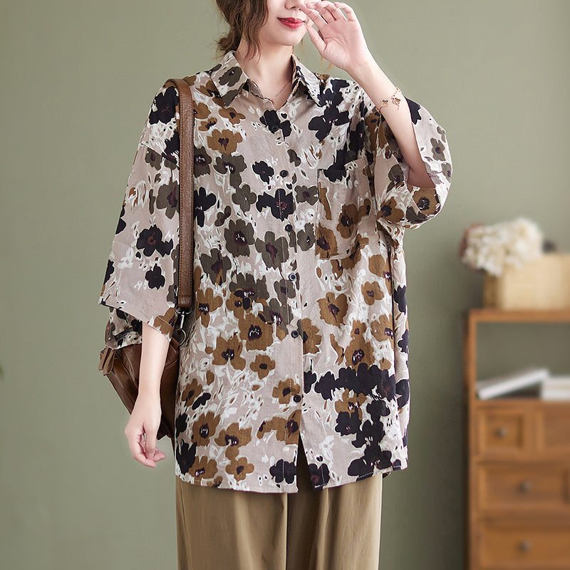 Blouse Longue Marron En Coton Et Lin À Fleurs Rétro Pour Femme