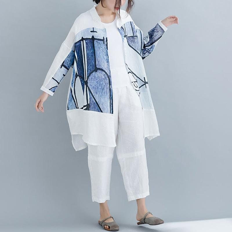 Causal High Low Paneled Linen Print Pockets Loose Shift Shirt