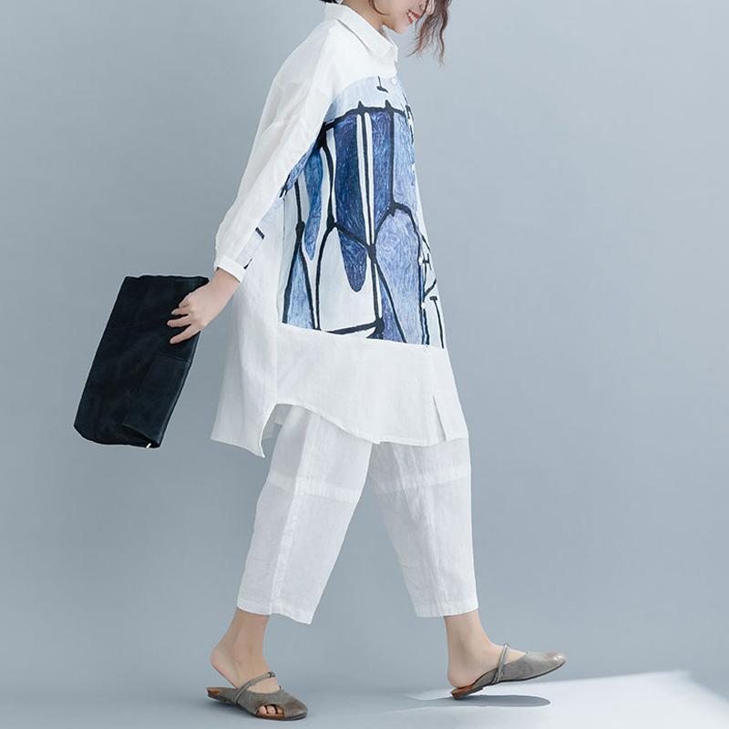 Causal High Low Paneled Linen Print Pockets Loose Shift Shirt