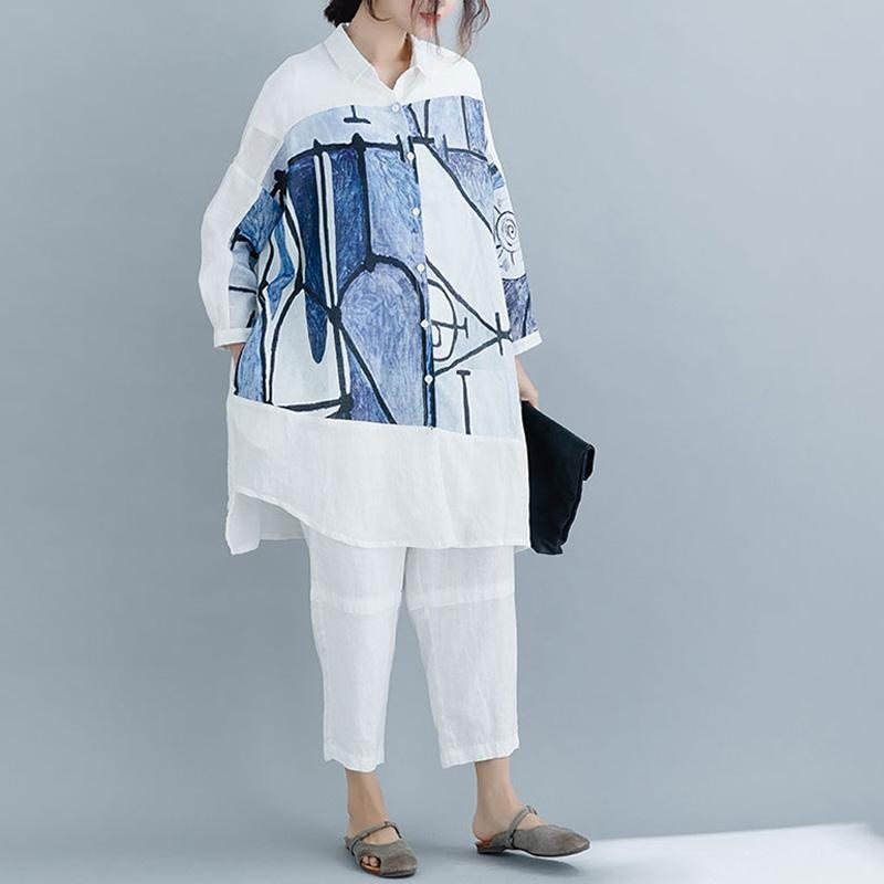 Causal High Low Paneled Linen Print Pockets Loose Shift Shirt