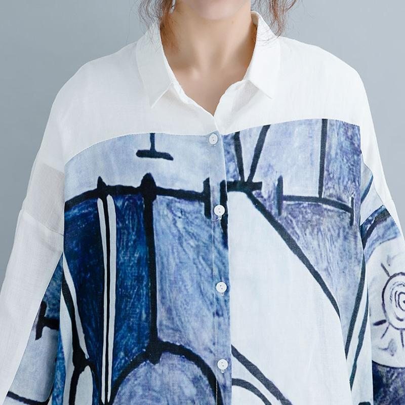 Causal High Low Paneled Linen Print Pockets Loose Shift Shirt