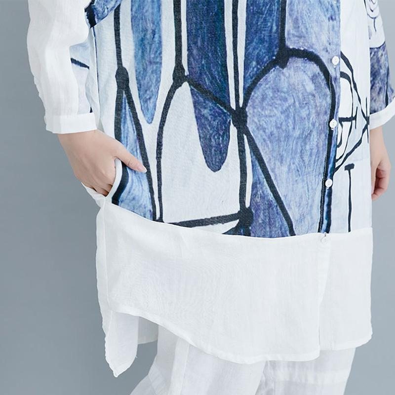 Causal High Low Paneled Linen Print Pockets Loose Shift Shirt