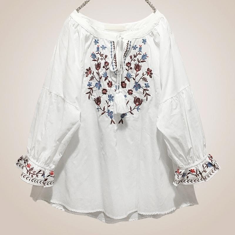 Chemise Ample Brodée Rétro Printemps Automne Grande Taille