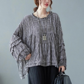 Chemise Bouffante Grande Taille À Carreaux En Coton Et Lin D'automne