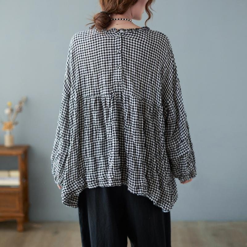 Chemise Bouffante Grande Taille À Carreaux En Coton Et Lin D'automne