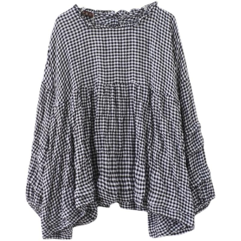 Chemise Bouffante Grande Taille À Carreaux En Coton Et Lin D'automne