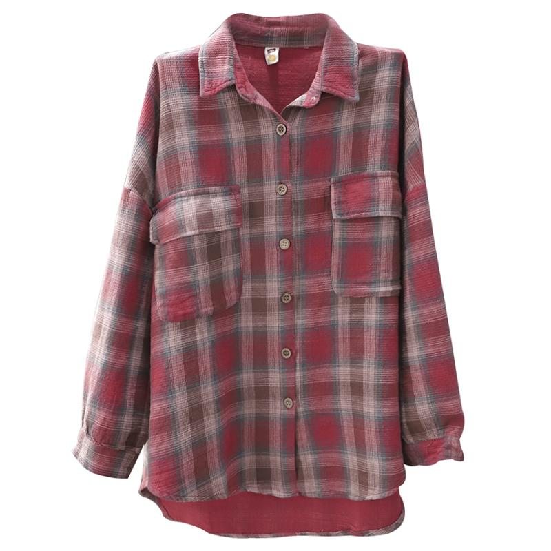 Chemise À Carreaux En Lin Et Coton Ample D'automne