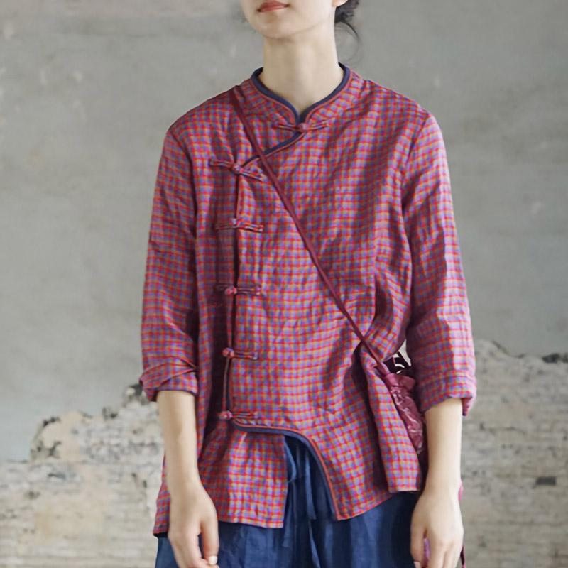 Chemise À Carreaux De Style Ethnique Irrégulier En Coton Et Lin