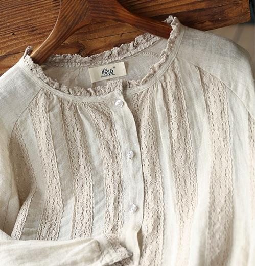 Chemise En Coton Et Lin À Coutures En Dentelle De Printemps