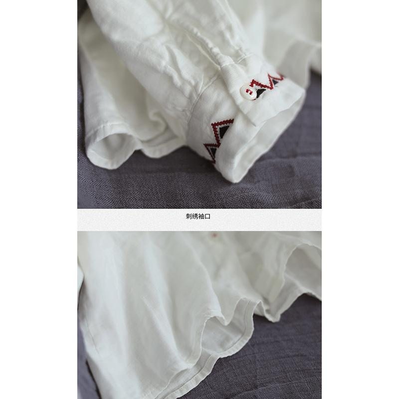 Chemise En Coton Et Lin Rétro À Double Couche Brodée