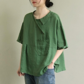 Chemise En Lin À Manches 3/4 Avec Poche Plaquée Et Coutures Lâches