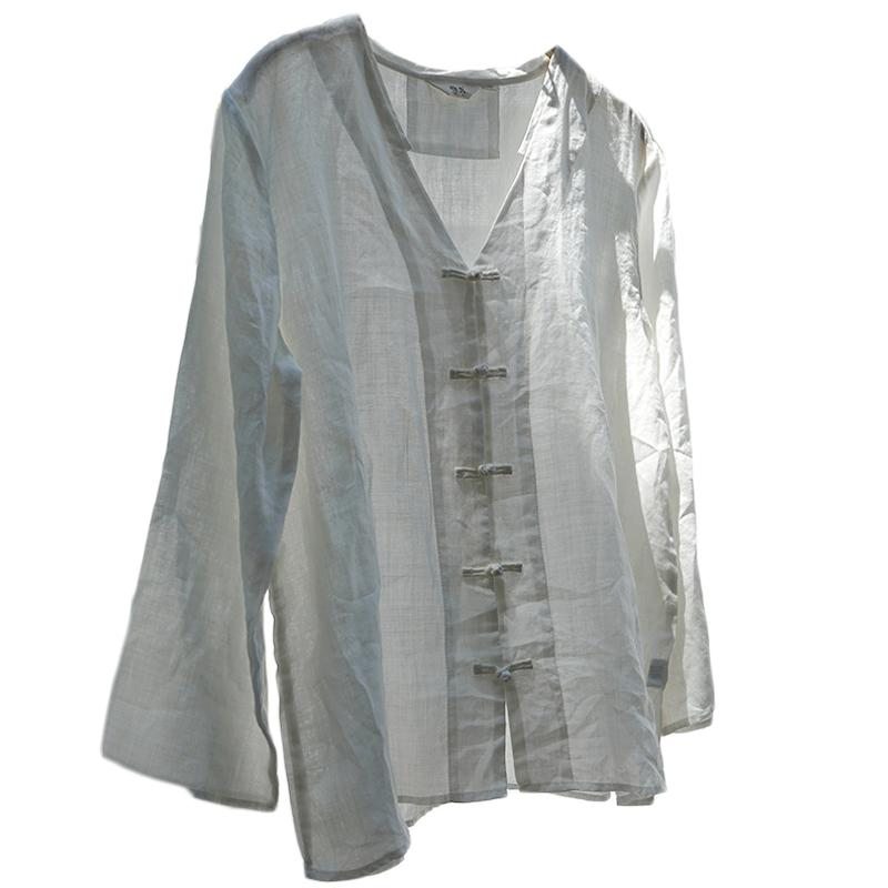 Chemise Pur Lin Style Chinois Blanc