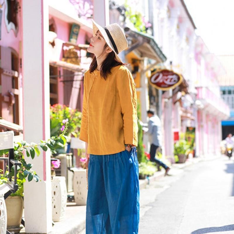 Chemisier En Coton Et Lin Pour Femmes Printemps-été Noué À La Main