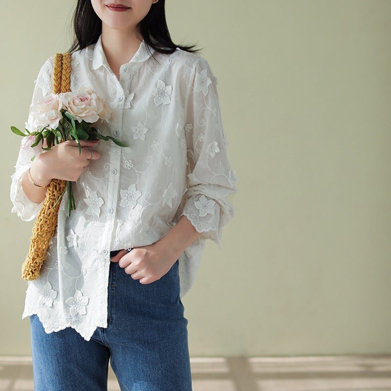 Chemisier Lâche De Printemps Avec Broderie Florale Rétro Pour Femmes