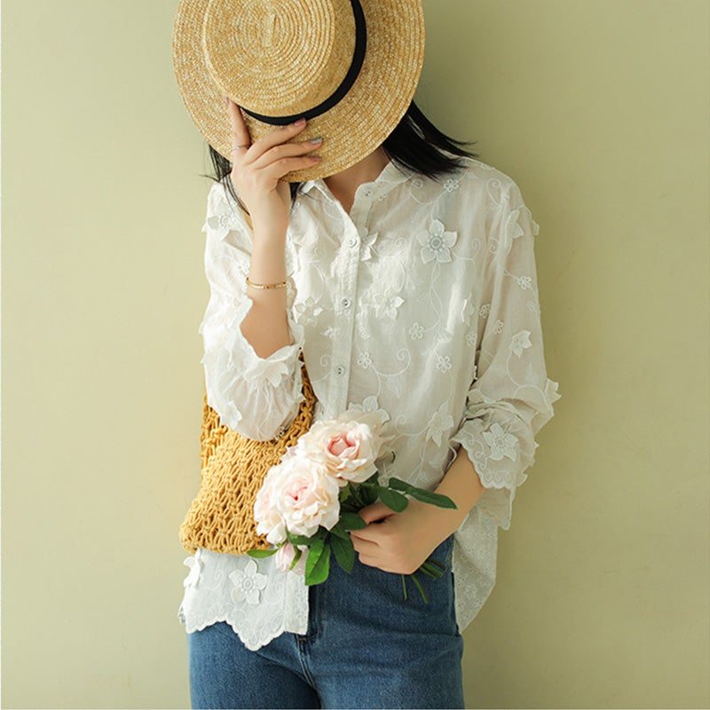 Chemisier Lâche De Printemps Avec Broderie Florale Rétro Pour Femmes