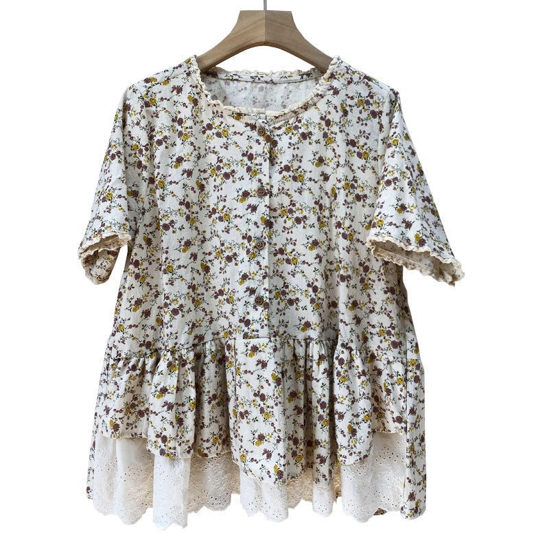 Chemisier En Lin Et Coton Patchwork Floral Rétro Pour Femme