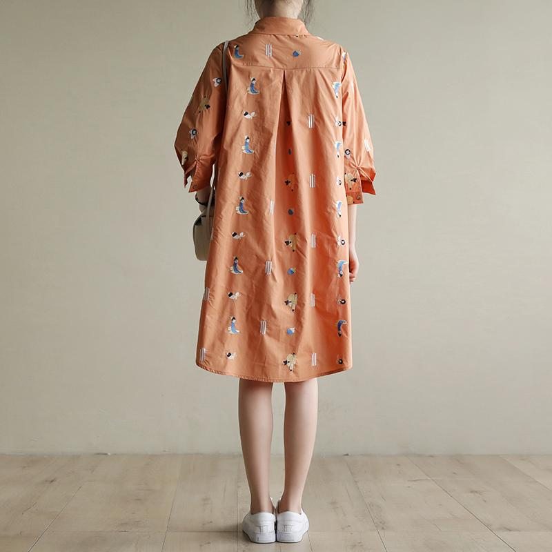 Robe Chemise Mi-longue Orange Brodée Décontractée