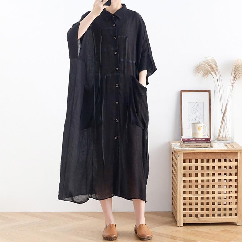 Robe Chemise Noire À Manches Chauve-souris Printanière