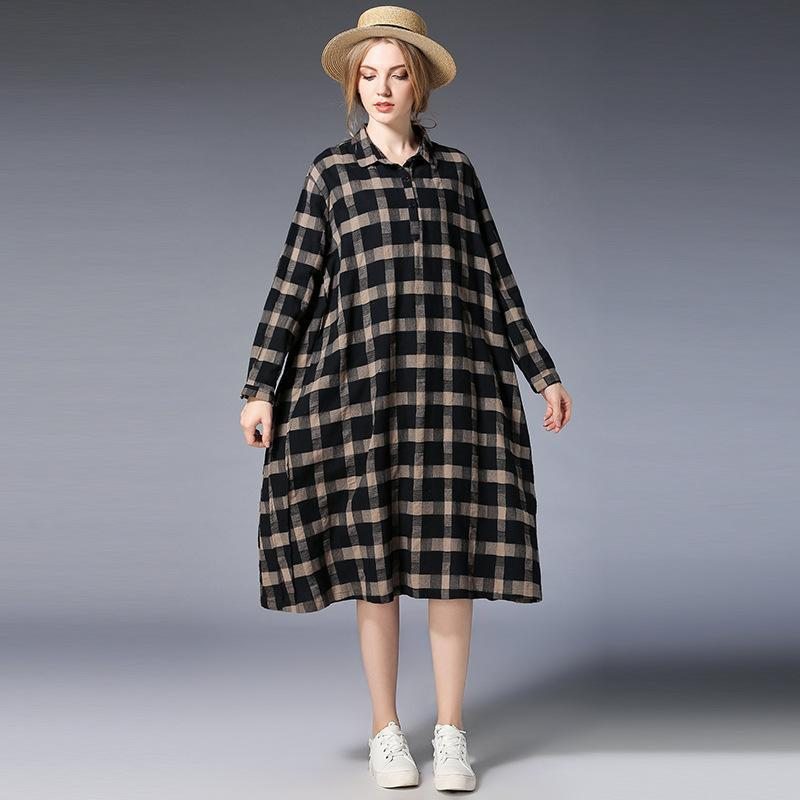 Robe À Manches Longues À Carreaux Pour Femmes Grande Taille