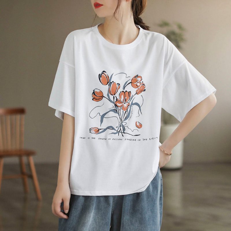 T-shirt Ample En Coton À Fleurs Rétro Pour Femmes