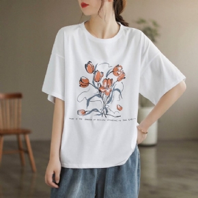 T-shirt Ample En Coton À Fleurs Rétro Pour Femmes